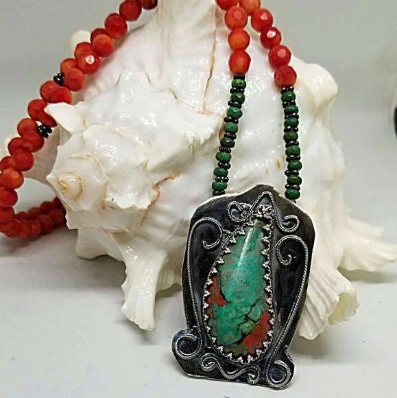 Sonora Sunrise Turquoise & Coral 925 Silver Neckla - Picture 2 of 5